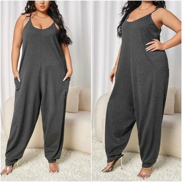 Plus Boho Black Loose Fit pockets Cami Jumpsuit - Picture 3 of 7